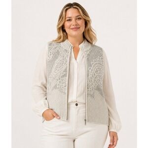 Coldwater Creek Sweater Vest Women 2X Beige Excellent Zip Paisley Wool Blend